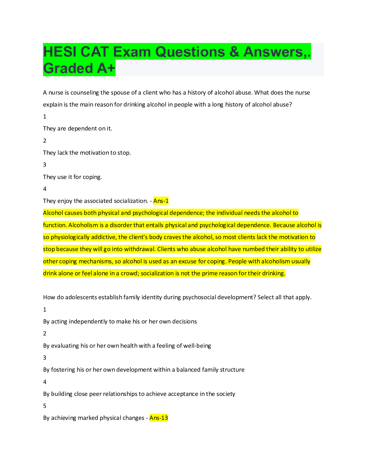 Preview image for HESI CAT Exam Questions & Answers,. Graded A+